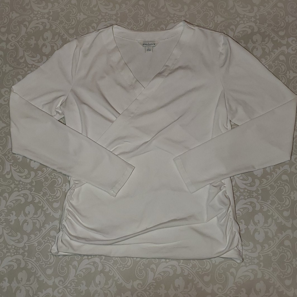 Sundance Long Sleeve White Ruched Wrap-Style Top